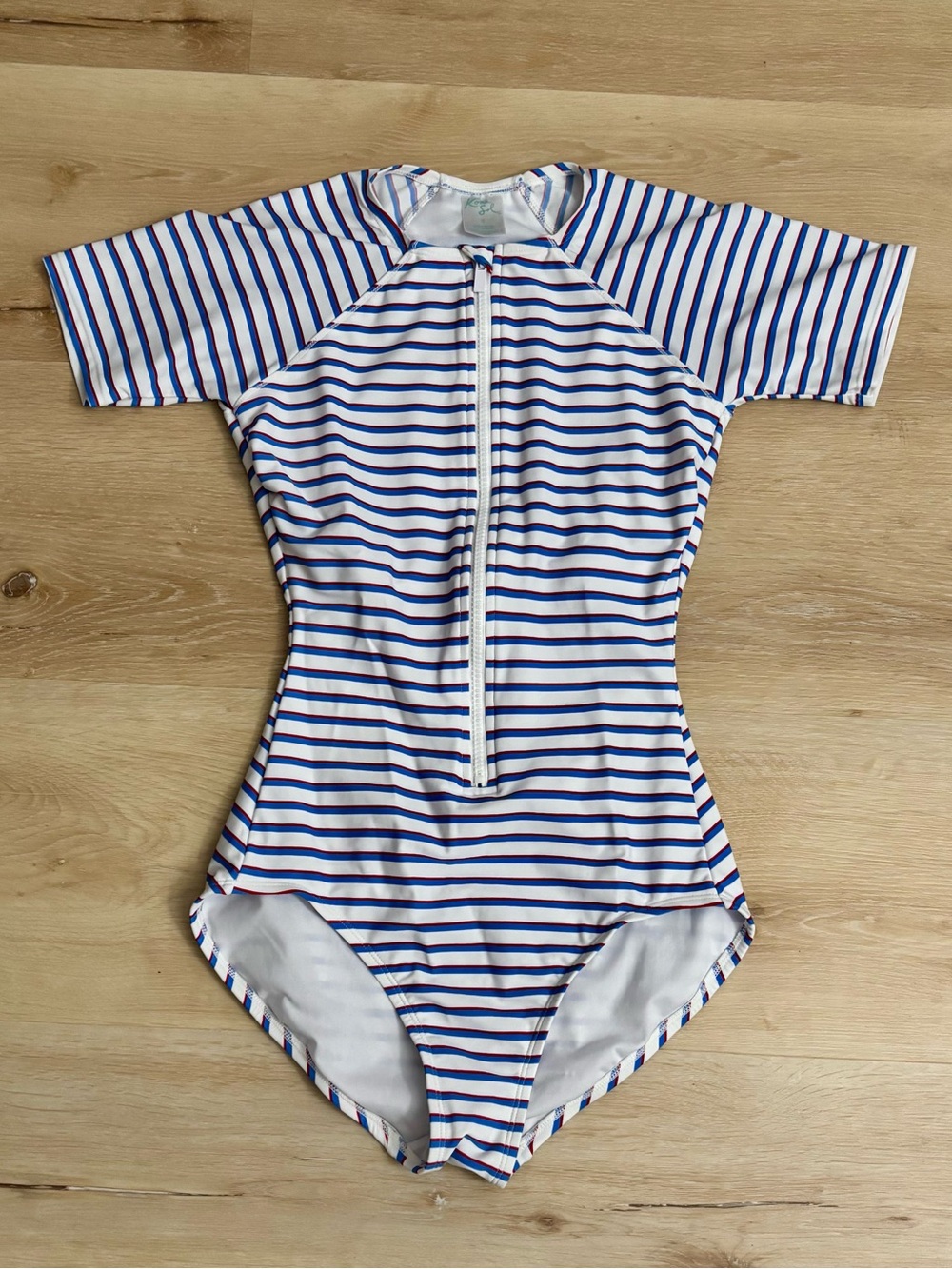 Kona Sol Short Sleeve One-Piece Swimsuit with Front Zip - White & Blue Stripes